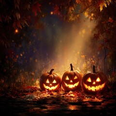 Fototapeta premium Autumn Jack-o'-Lanterns Forest Scene