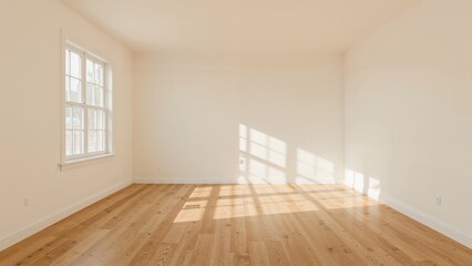 Unoccupied home with pale cream walls, hardwood floors, and a big window