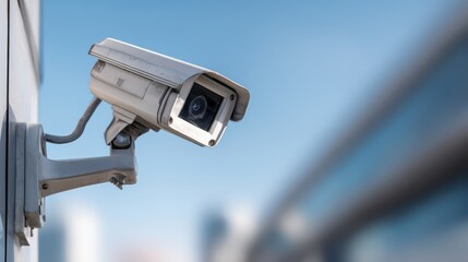 Elegant photo of security camera mounted on the wall of a modern house. Concept of home security, surveillance technology, safe living environment, smart home solutions.