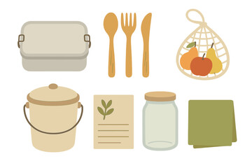 Various kitchen items including containers, utensils, and fruits displayed on white background for home organization and meal prep
