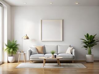 Fototapeta premium Bright Minimalist Living Room with Gray Sofa and Plants