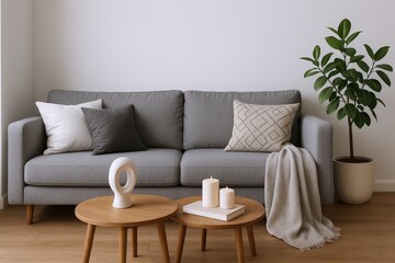 Obraz premium Modern Living Room Scene Featuring a Gray Sofa with Decorative Pillows, Wooden Coffee Tables, Candles, and a Potted Plant