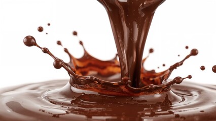 Close-up of flowing chocolate cocoa on a white backdrop