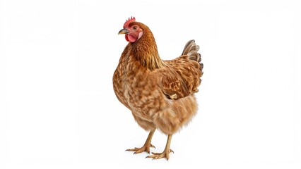 Full view of brown hen standing isolated on white backdrop, Concept of laying hens.