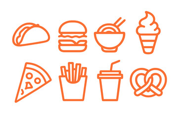 Delicious variety of fast food items including tacos, burgers, pizza, and ice cream showcased in vibrant orange illustrations