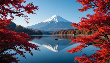 Stunning autumn scenery with vibrant red maple leaves framing Mount Fuji reflected in a serene lake, inviting a sense of peace and wanderlust for travel and nature enthusiasts