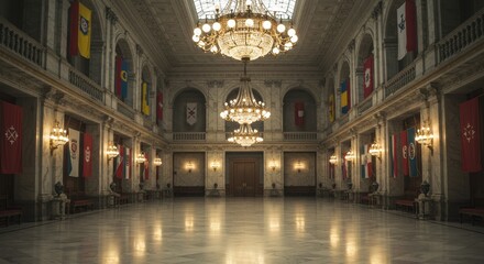 Grand Ballroom with Chandeliers and Flags