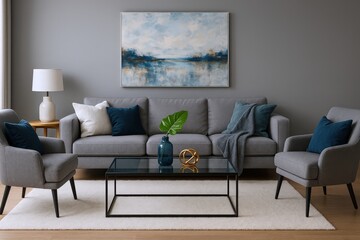 Modern Living Room with Gray Sofa, Armchairs, Coffee Table, and Abstract Landscape Artwork