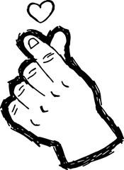 Male wrist symbol finger heart sign gesture with back of hand, hand drawn sketch, black line brush hand drawn