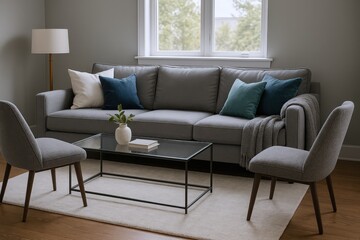 Obraz premium Modern Living Room Scene Featuring a Gray Sofa, Accent Chairs, Coffee Table, and Cozy Throw Blanket with Decorative Pillows
