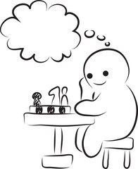 Smiling thinking funny man with thought cloud sitting and playing chess alone, hand drawn with a black brush with curved contours