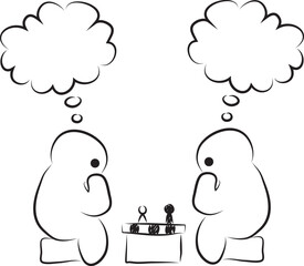 Two funny people are sitting with thought clouds thinking and playing chess, hand drawn with a black brush with curved contours