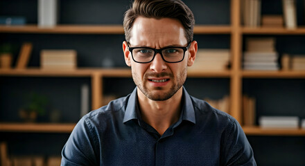 A man with glasses and a beard shows a deeply perturbed facial expression suggesting frustration or disgust in an indoor setting ideal for conveying difficult emotions or stressful situations.