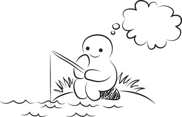 Smiling funny man with a thought cloud sits and fishes in nature, hand drawn with a black brush with curved contours