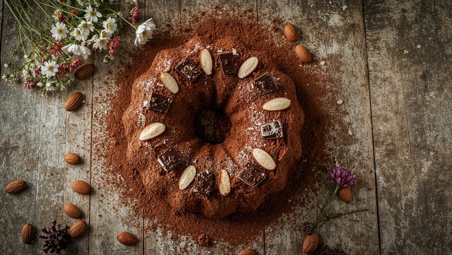 Chocolate bundt cake sprinkled with cocoa powder, decorated with dark chocolate and almond flakes on a weathered wooden table - Powered by Adobe