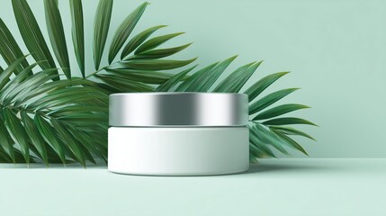 White Skincare Cream Jar with Metallic Lid – Minimalist Cosmetic Packaging – Pastel Aqua Background with Green Leaves