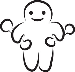 Smiling funny man standing and holding two dumbbells in hands and looking at camera, hand drawn with a black brush with curved contours