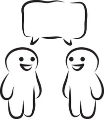 Two happy funny people standing and talking and looking at each other above speech bubble, hand drawn with a black brush with curved contours