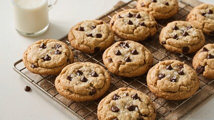 Homemade cookies with chocolate chips and a sprinkle of flaky salt on a rack