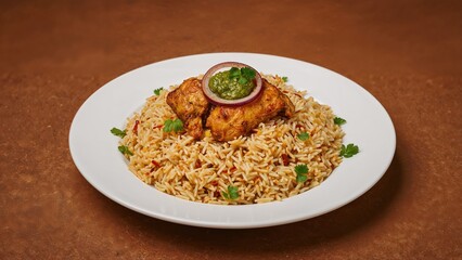 Aromatic Chicken Rice Dish Accompanied by Onion and Chutney