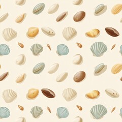 A seamless pattern featuring various seashells on a light background, showcasing different shapes, sizes, and colors.