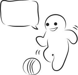 Funny happy smiling man with speech bubble running and playing with ball, hand drawn with a black brush with curved contours