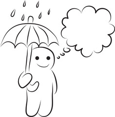 Funny smiling happy man with thought cloud stands under umbrella sheltering from rain and raindrops, hand drawn with a black brush with curved contours