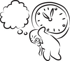Funny stressed man office worker with thought cloud carries with difficulty on himself big dial watch, hand drawn with a black brush with curved contours