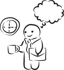 Funny happy man office worker with thought cloud standing and holding cup with drink in hands and thinking, hand drawn with a black brush with curved contours