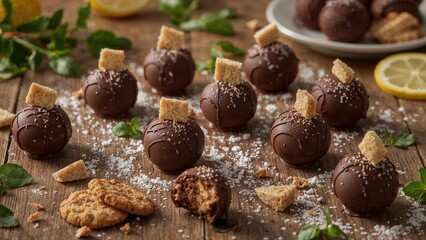 Assortment of chocolate confections accompanied by crunchy wafers on a wooden background