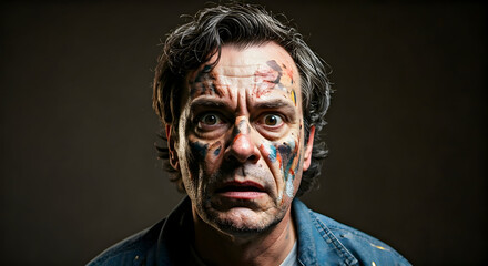 A male artist with paint on his face shows a surprised or anxious expression ideal for themes of creative struggle or artistic process. This portrait conveys raw emotion and deep thought.