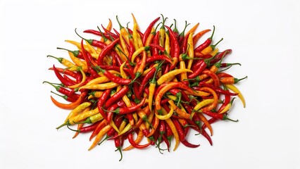 Fototapeta premium A heap of multicolored chili peppers including red, yellow, and green on a white background viewed from above