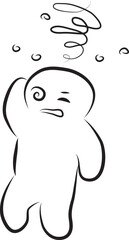 Funny dizzy man holding head with tense suffering face, hand drawn with a black brush with curved contours