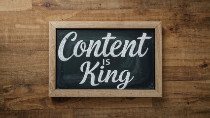 Wooden desk featuring a chalkboard with the phrase CONTENT IS KING illuminated by a flare effect