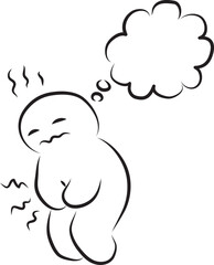 A funny suffering man holds his sore stomach and next to him is a cloud of his thoughts, hand drawn with a black brush with curved contours