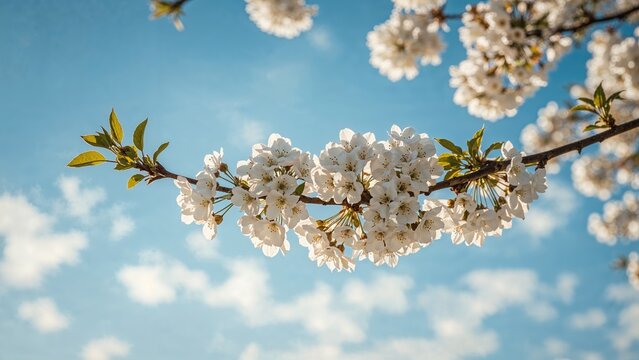Blooming white flowers on a cherry tree branch in spring - Powered by Adobe