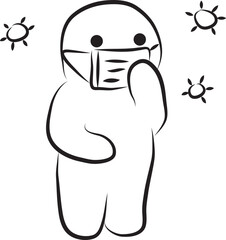Funny man in medical mask stands among flying viruses around him, hand drawn with a black brush with curved contours