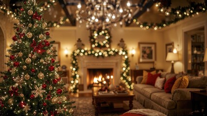 Cozy home interior adorned with a decorated tree and warm bokeh lighting, accompanied by a dreamy holiday background