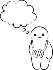 Fototapeta premium Funny sad man with arm in plaster stands with thought cloud, hand drawn with a black brush with curved contours