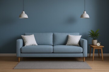 Serene Living Room Scene Featuring a Comfortable Blue Sofa with Accent Pillows and Minimalist Decor