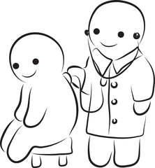 Funny smiling man doctor listens to patient's breathing through stethoscope, hand drawn with a black brush with curved contours