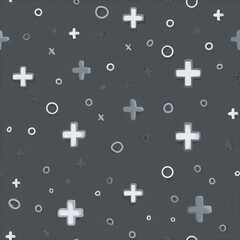Obraz premium A modern pattern featuring various symbols, including plus signs and circles, set against a dark background.
