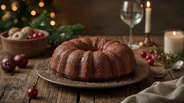 Close-up of festive plum cake displayed on a table with selective focus and background blur