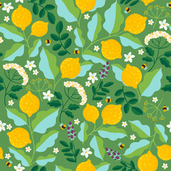 Cute Kawaii Printable Seamless Pattern, Lemon Fruit and Leaf, Digital Paper PNG Illustration for Small Business Use