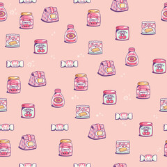Cute Kawaii Printable Seamless Pattern, Pink Sweet Candy Dessert, Digital Paper PNG Illustration for Small Business Use