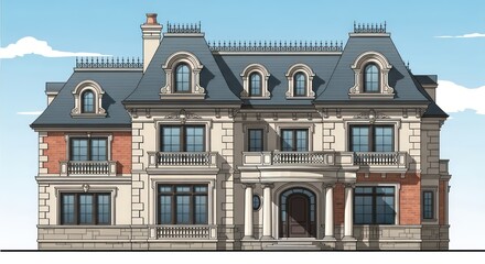 Naklejka premium Elegant French Chateau Illustration with Ornate Facade and Mansard Roof.