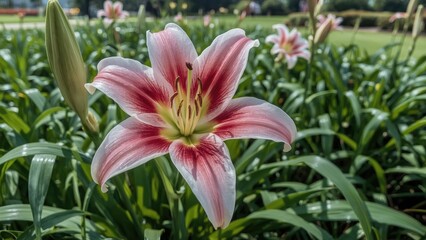 Fototapeta premium Elegant Two-Tone Lily Flowers in a Garden Scene