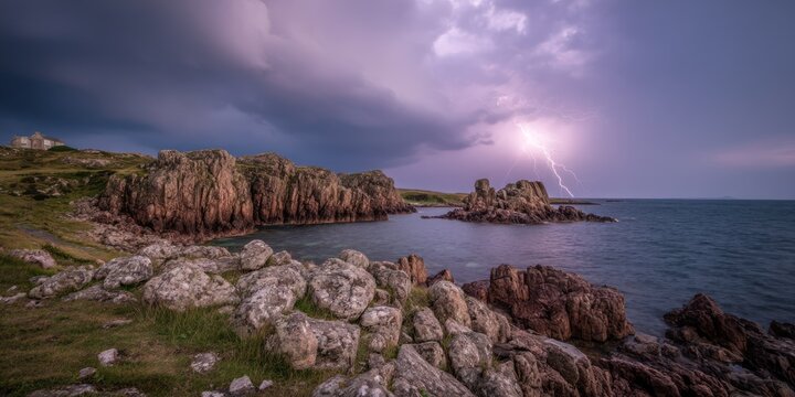 A stormy sea meets rugged cliffs, lightning flickering in the distance - Powered by Adobe