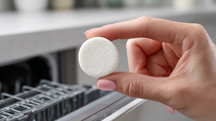Hand holding a dishwasher tablet near the open appliance.