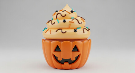 A halloween themed cupcake with orange pumpkin base and frosting with sprinkles on a white background